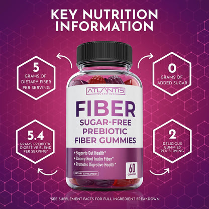 Atlantis Nutrition Sugar Free Fiber Gummies for Adults - 5G Fiber Supplement Formulated with 5.4G Prebiotic Digestive Blend/Serving - Supports Gut Health & Healthy Digestion - Maple Wellness Supplements