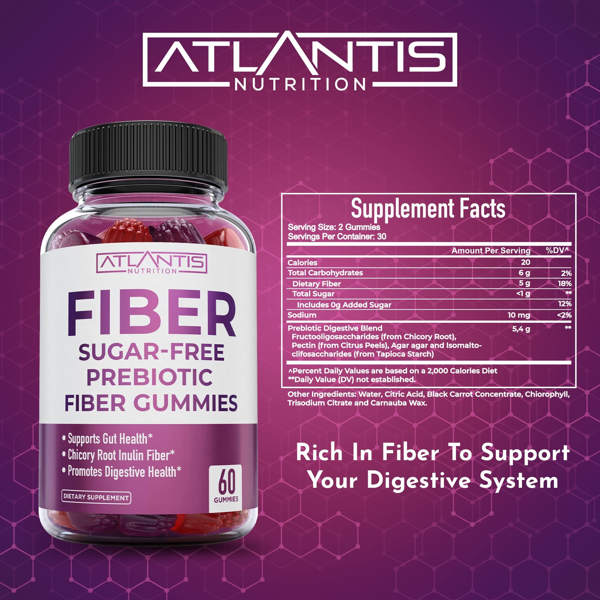 Atlantis Nutrition Sugar Free Fiber Gummies for Adults - 5G Fiber Supplement Formulated with 5.4G Prebiotic Digestive Blend/Serving - Supports Gut Health & Healthy Digestion - Maple Wellness Supplements