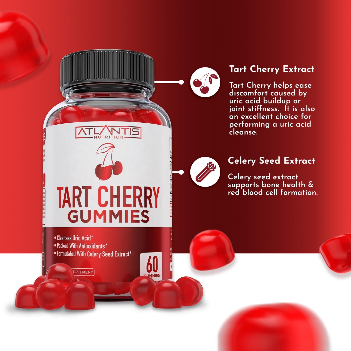 Atlantis Nutrition Tart Cherry Gummies with Celery Seed Extract - Advanced Uric Acid Cleanse for Immediate Relief | Joint Relief & Recovery - Maple Wellness Supplements