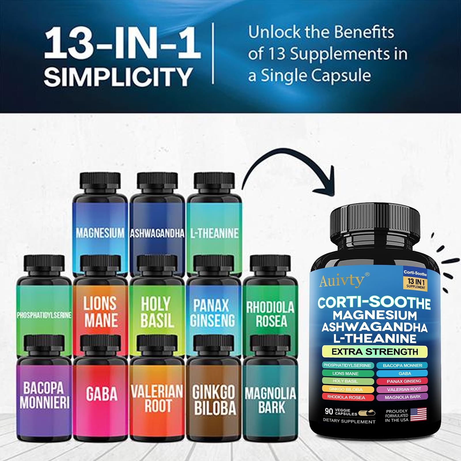 Auivty Cortisol Manager & Adrenal Support - Cortisol Reducer for Stress Relief, Calm & Sleep - 13-in-1 Adaptogen with Ashwagandha & Magnesium - 180 Capsules (2-Pack) - Maple Wellness Supplements