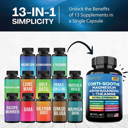Auivty Cortisol Manager & Adrenal Support - Cortisol Reducer for Stress Relief, Calm & Sleep - 13-in-1 Adaptogen with Ashwagandha & Magnesium - 180 Capsules (2-Pack) - Maple Wellness Supplements