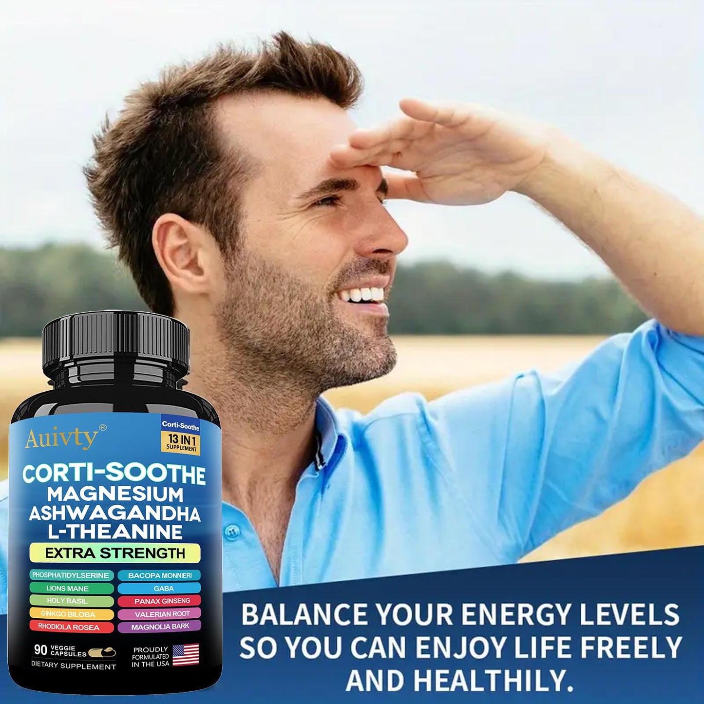 Auivty Cortisol Manager & Adrenal Support - Cortisol Reducer for Stress Relief, Calm & Sleep - 13-in-1 Adaptogen with Ashwagandha & Magnesium - 180 Capsules (2-Pack) - Maple Wellness Supplements