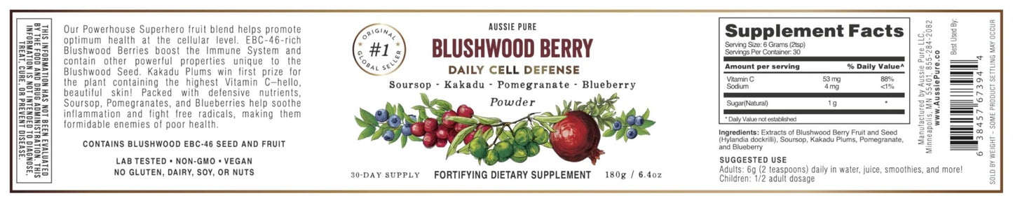 Aussie Pure Blushwood Berry Superfruit Daily Cell Defense - Soursop - Kakadu Plum - Pomegranate - Blueberry - Immune and Cell Support Powder - All Ages - Lab Tested and Authenticated - 180g/6.4oz - Maple Wellness Supplements