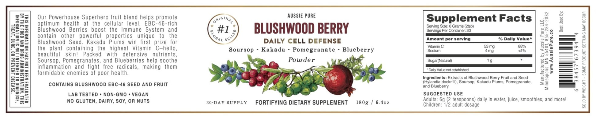 Aussie Pure Blushwood Berry Superfruit Daily Cell Defense - Soursop - Kakadu Plum - Pomegranate - Blueberry - Immune and Cell Support Powder - All Ages - Lab Tested and Authenticated - 180g/6.4oz - Maple Wellness Supplements