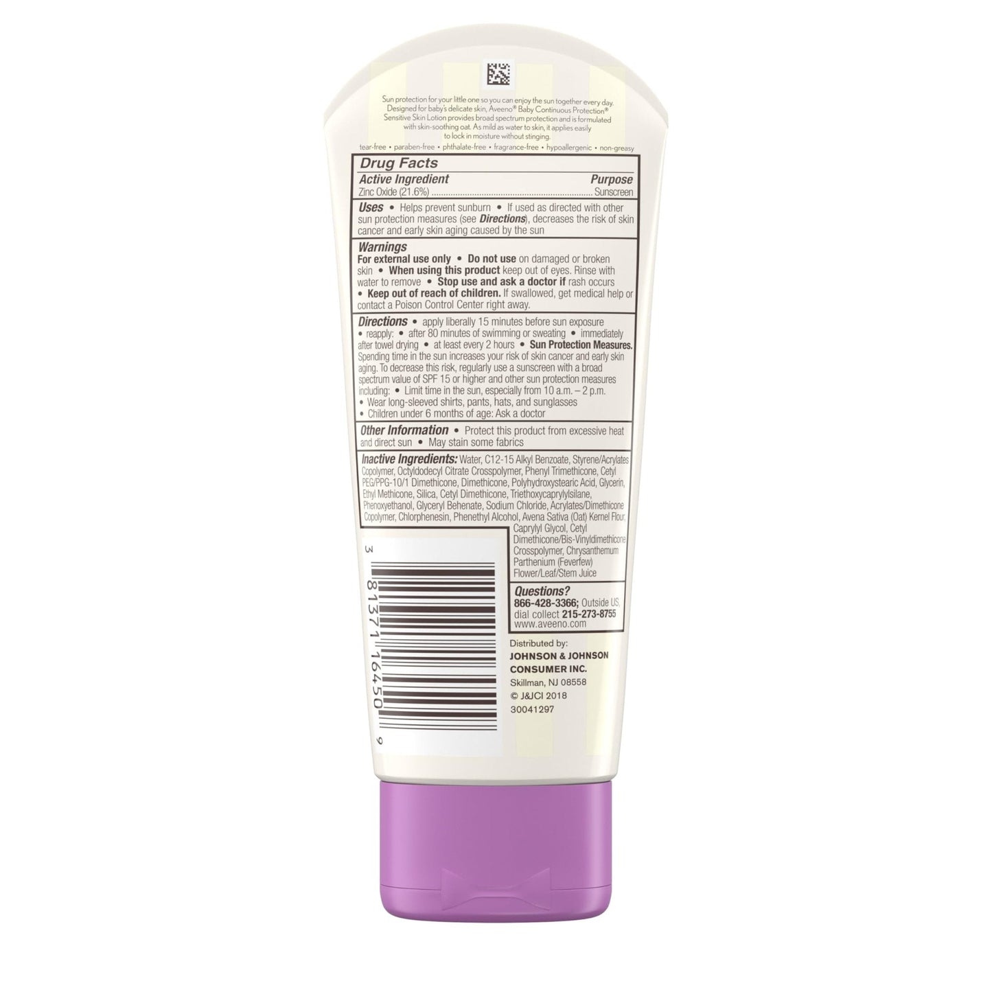 Aveeno Baby Continuous Protection Zinc Oxide Mineral Sunscreen Lotion for Sensitive Skin - Maple Wellness Supplements