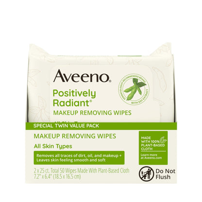 Aveeno Positively Radiant Makeup Remover Wipes, Oil Free, Alcohol Free, Non-Comedogenic Facial Cleansing Wipes, Gentle Face Wipes for Sensitive Skin - Maple Wellness Supplements