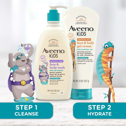 Aveeno Sensitive Skin Face & Body Gel Cream for Kids with Prebiotic Oat, Clinically Proven 24 Hour Hydration for Soft Skin - Maple Wellness Supplements