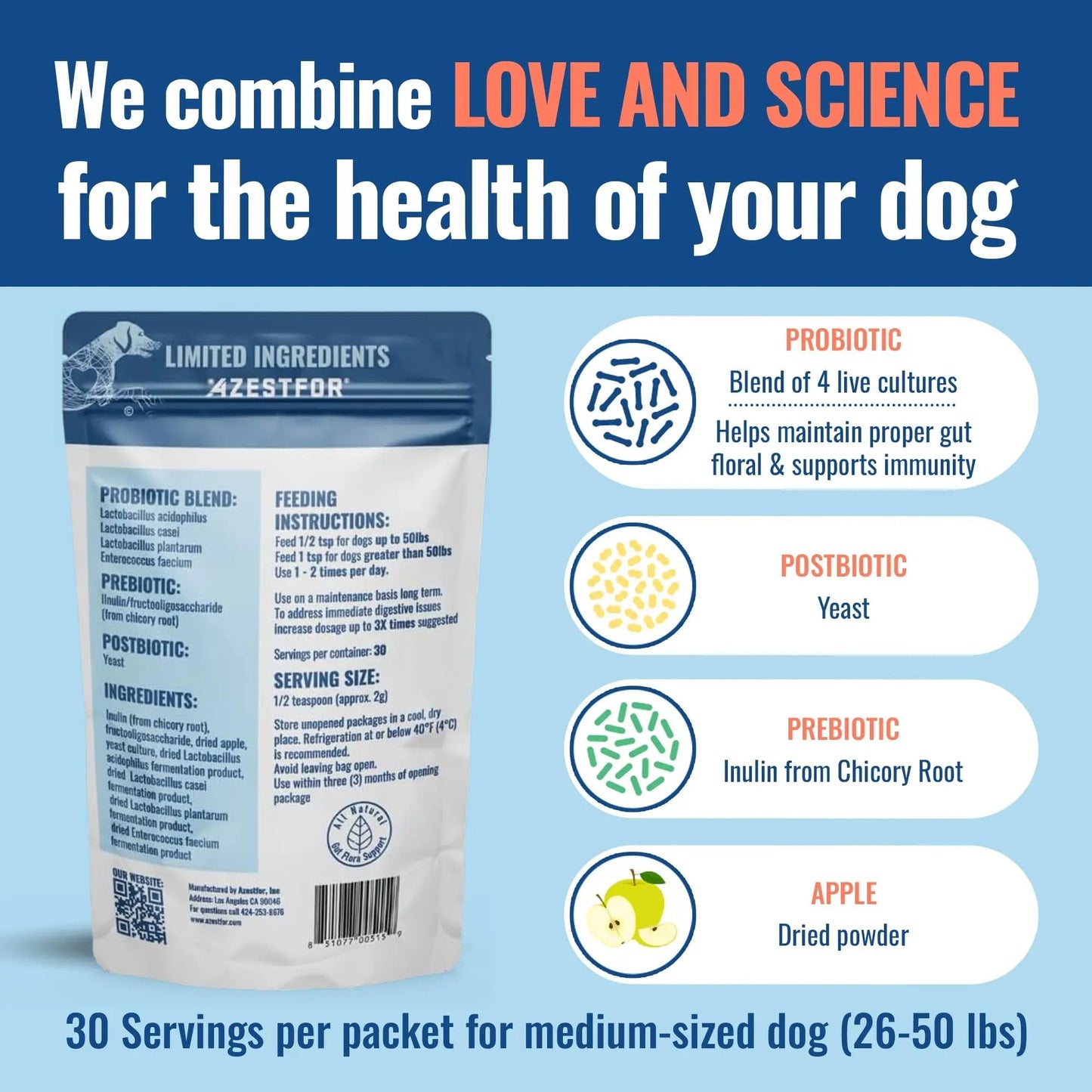Azestfor Gut Health Supplement for Dogs – 3 in 1 Probiotic, Prebiotic & Postbiotic Blend – Supports Digestion, Immunity & Skin – Easy-to-Use Powder – for All Breeds & Sizes – 60g (30 Servings) - Maple Wellness Supplements