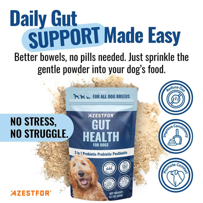 Azestfor Gut Health Supplement for Dogs – 3 in 1 Probiotic, Prebiotic & Postbiotic Blend – Supports Digestion, Immunity & Skin – Easy-to-Use Powder – for All Breeds & Sizes – 60g (30 Servings) - Maple Wellness Supplements