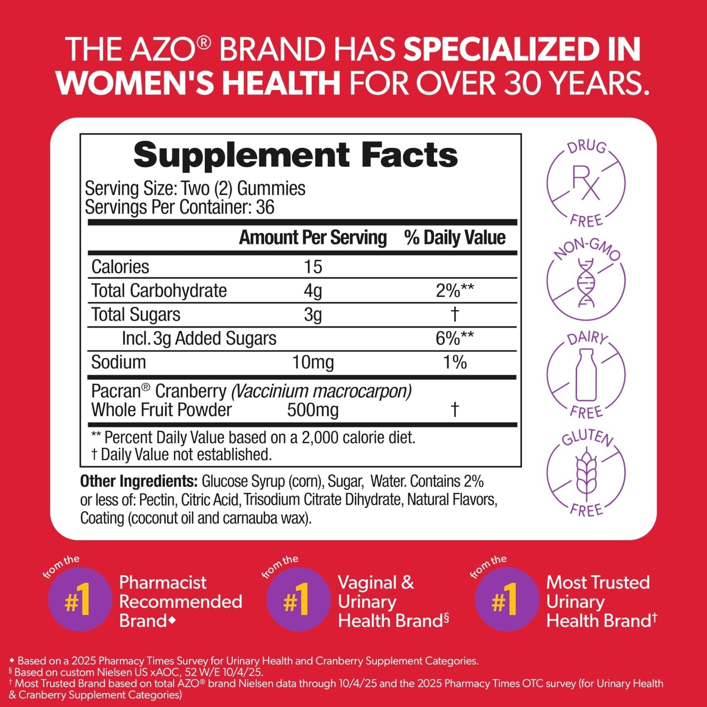 AZO Cranberry Urinary Tract Health Gummies Dietary Supplement, 2 Gummies = 1 Glass of Cranberry Juice, Helps Cleanse & Protect - Maple Wellness Supplements