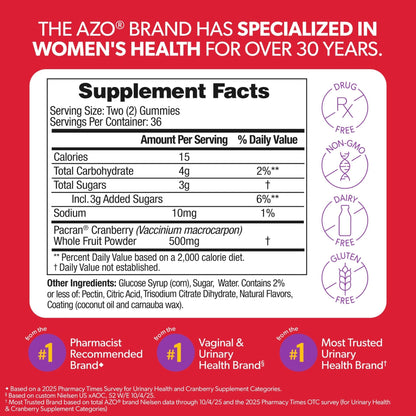 AZO Cranberry Urinary Tract Health Gummies Dietary Supplement, 2 Gummies = 1 Glass of Cranberry Juice, Helps Cleanse & Protect - Maple Wellness Supplements