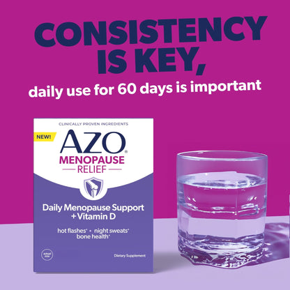 AZO® Daily Menopause Relief + Vitamin D to Support Strong Bones, Menopause Supplements for Women, Reduces Hot Flashes and Night Sweats* - 30 Count - Maple Wellness Supplements