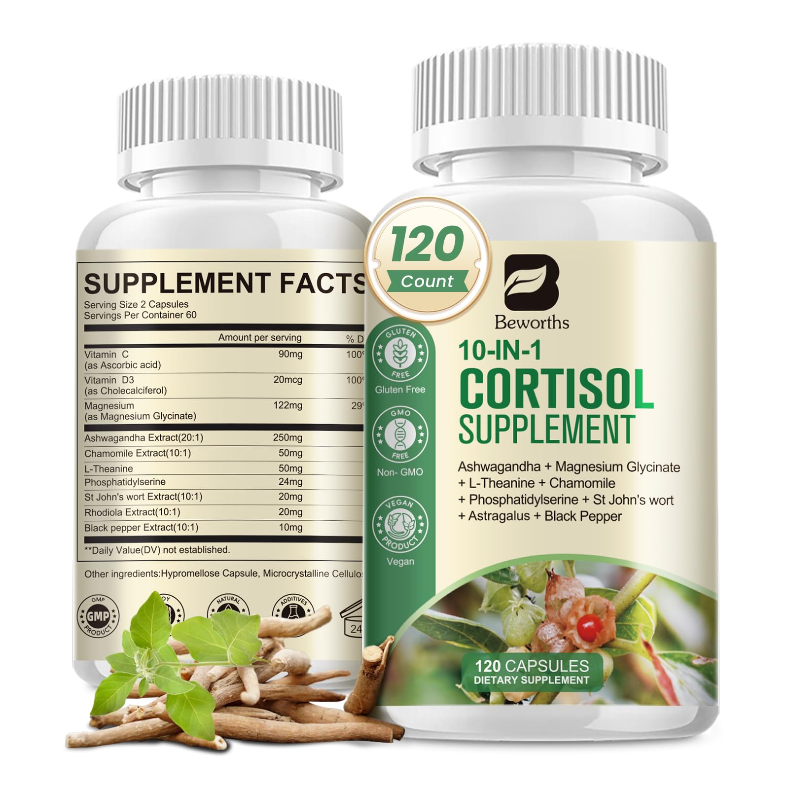 B BEWORTHS Cortisol Supplements for Women Men, 10-in-1 Cortisol Detox with Ashwagandha, Magnesium, L-Theanine, Balanced Cortisol Levels, Night & Calm Support, 120 Vegan Capsules - Maple Wellness Supplements