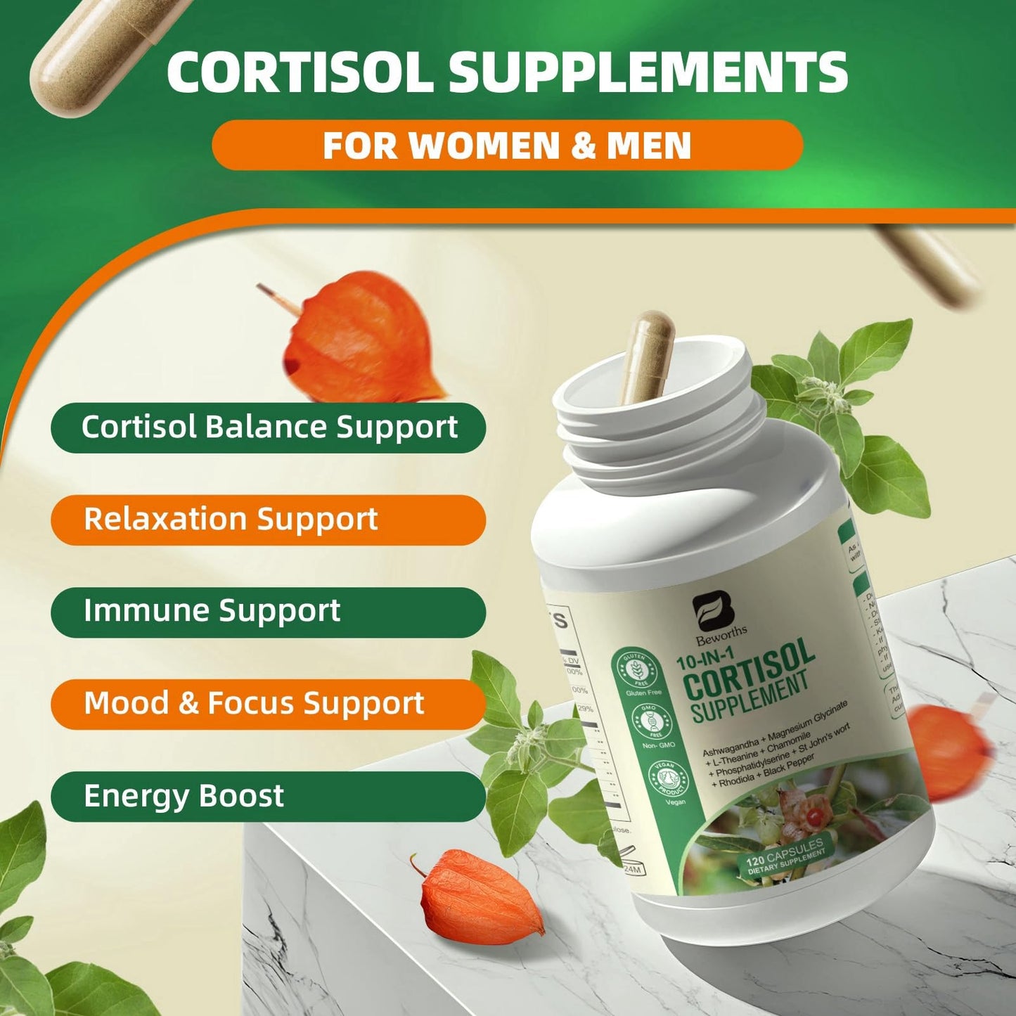 B BEWORTHS Cortisol Supplements for Women Men, 10-in-1 Cortisol Detox with Ashwagandha, Magnesium, L-Theanine, Balanced Cortisol Levels, Night & Calm Support, 120 Vegan Capsules - Maple Wellness Supplements