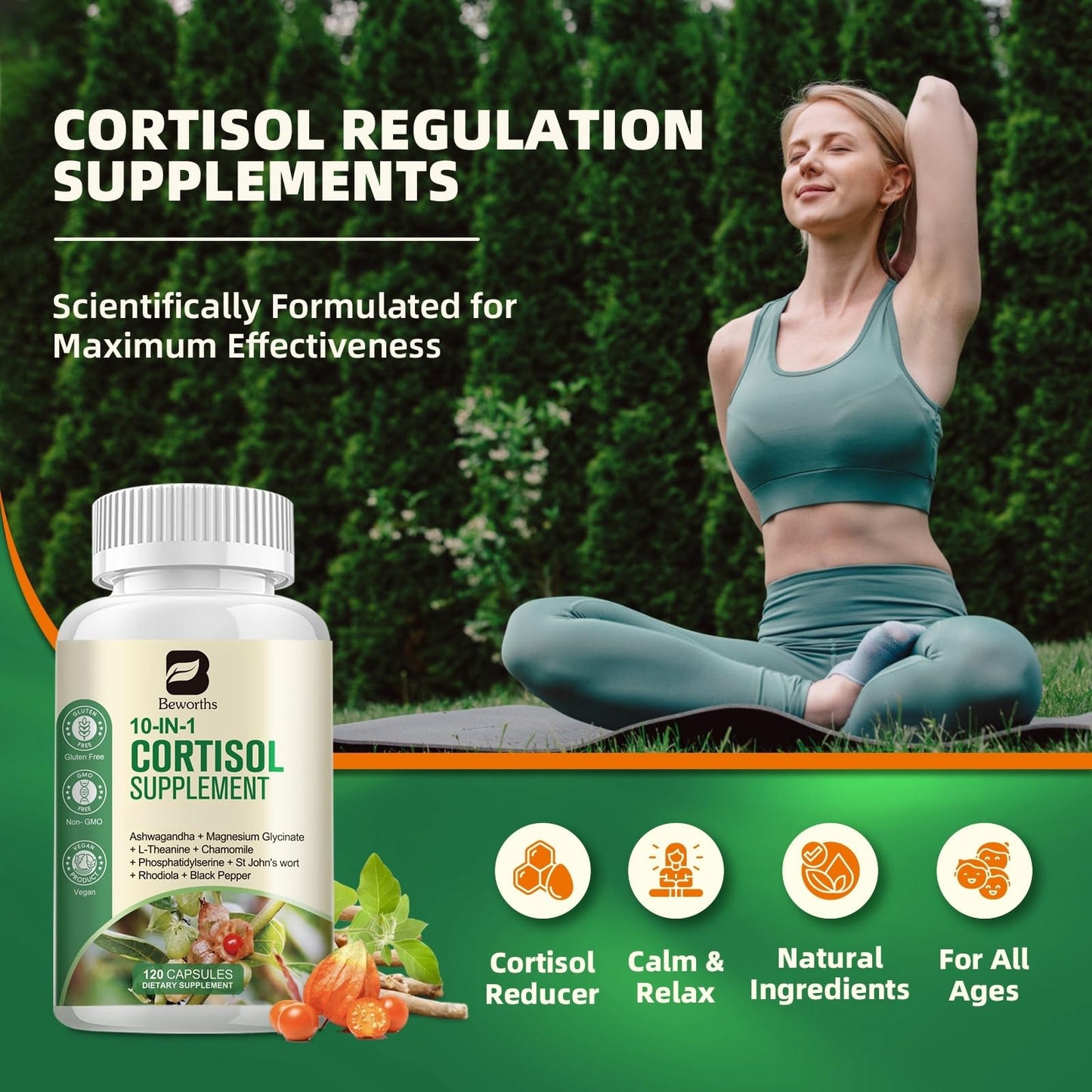 B BEWORTHS Cortisol Supplements for Women Men, 10-in-1 Cortisol Detox with Ashwagandha, Magnesium, L-Theanine, Balanced Cortisol Levels, Night & Calm Support, 120 Vegan Capsules - Maple Wellness Supplements