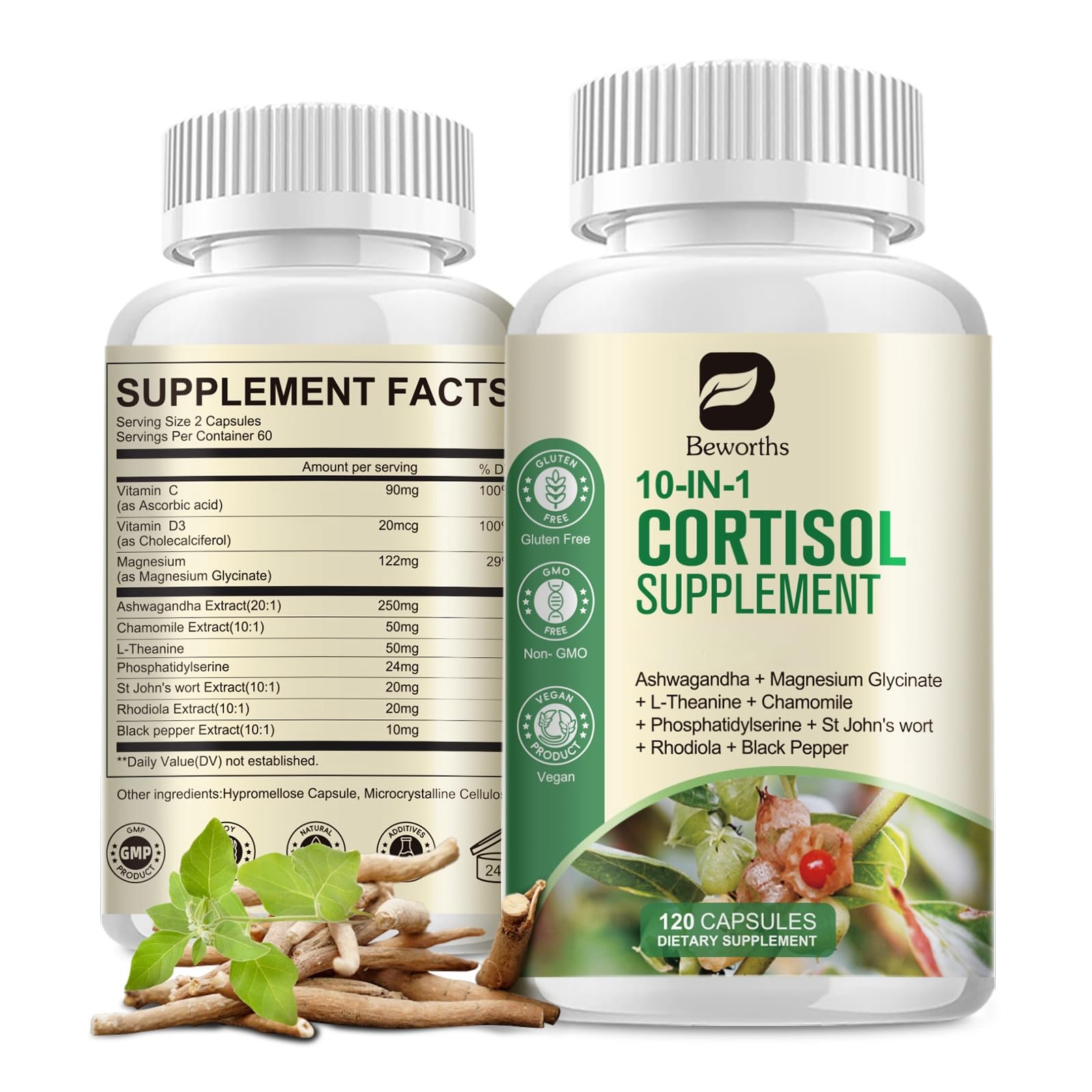 B BEWORTHS Cortisol Supplements for Women Men, 10-in-1 Cortisol Detox with Ashwagandha, Magnesium, L-Theanine, Balanced Cortisol Levels, Night & Calm Support, 120 Vegan Capsules - Maple Wellness Supplements