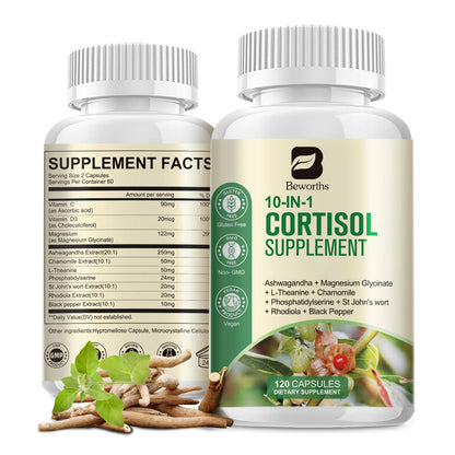 B BEWORTHS Cortisol Supplements for Women Men, 10-in-1 Cortisol Detox with Ashwagandha, Magnesium, L-Theanine, Balanced Cortisol Levels, Night & Calm Support, 120 Vegan Capsules - Maple Wellness Supplements