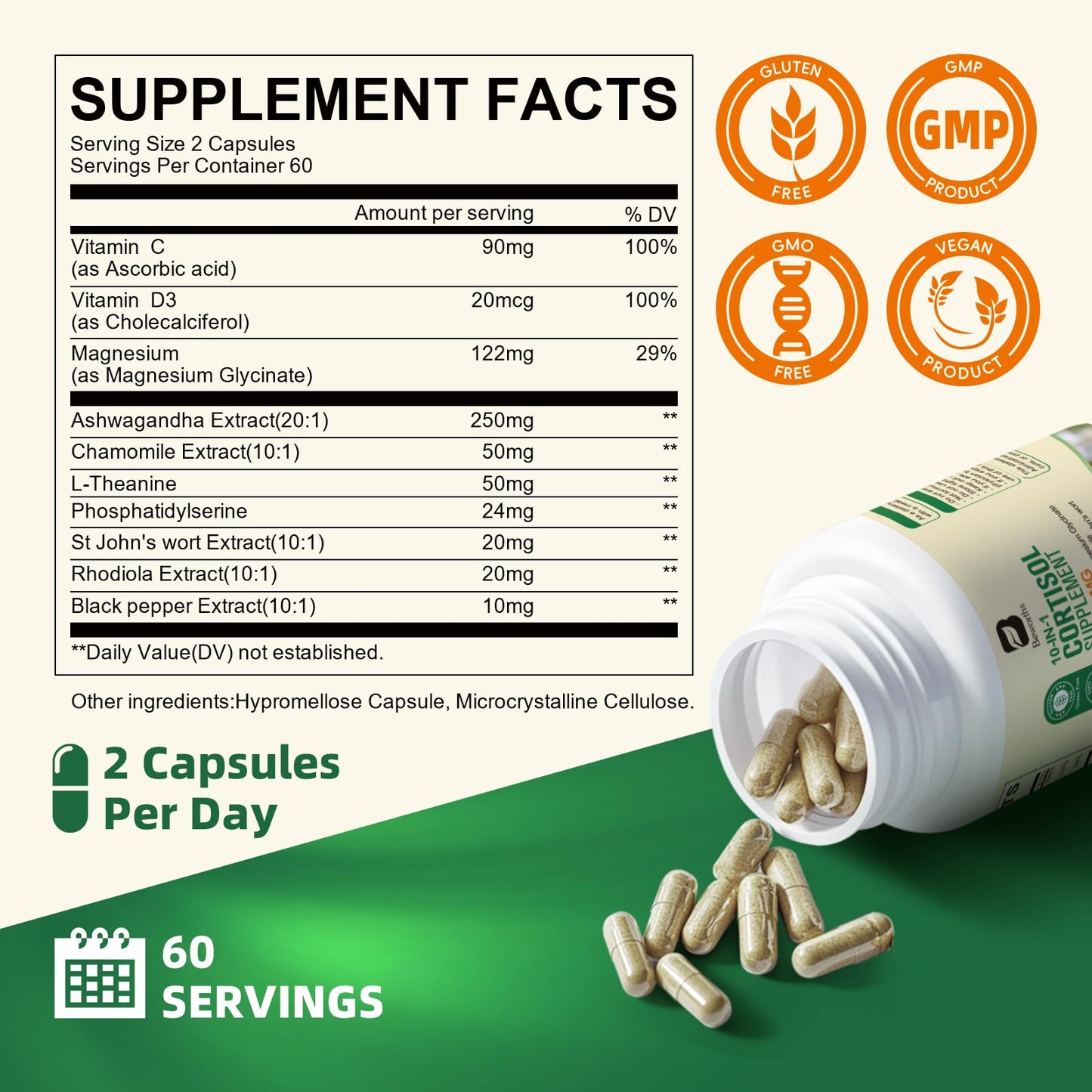 B BEWORTHS Cortisol Supplements for Women Men, 10-in-1 Cortisol Detox with Ashwagandha, Magnesium, L-Theanine, Balanced Cortisol Levels, Night & Calm Support, 120 Vegan Capsules - Maple Wellness Supplements