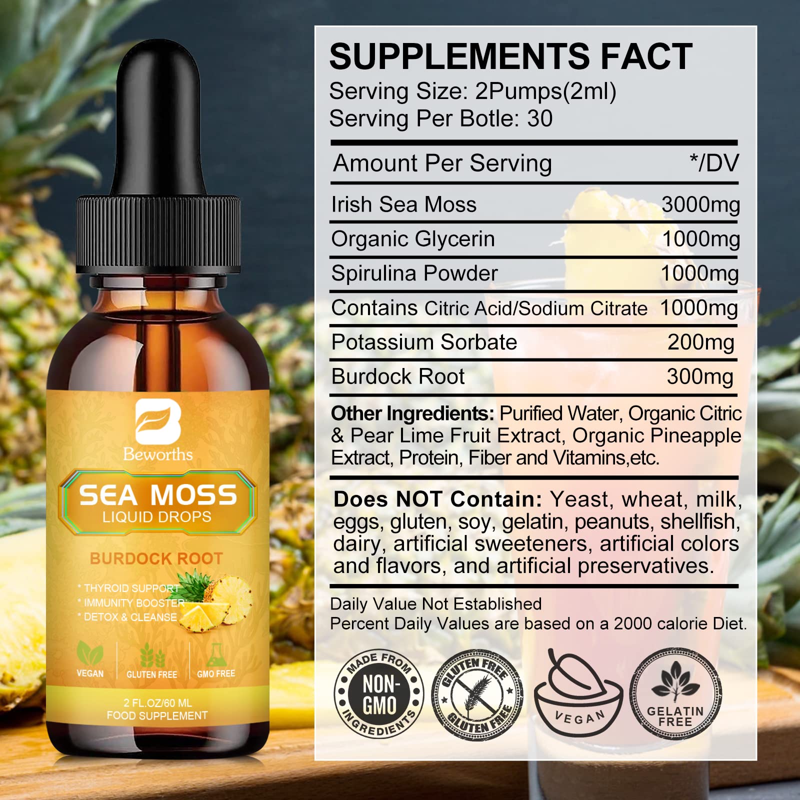 B BEWORTHS Sea Moss Liquid Drops - Organic Irish Sea Moss Gel with Burdock Root - Maple Wellness Supplements