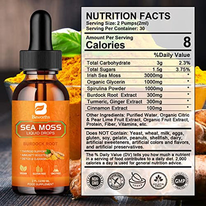 B BEWORTHS Sea Moss Liquid Drops - Organic Irish Sea Moss Raw Gel with Burdock Root - Maple Wellness Supplements