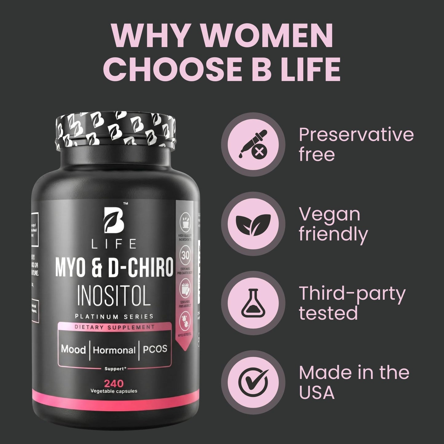 B Life Company Myo-Inositol & D-Chiro Inositol 40:1 for Women | I Inositol Supplement for Women | Hormone Balance, Fertility & Cycle | Vitamin B8, Insulin & Flo Ovarian Support | 240 Caps - Maple Wellness Supplements