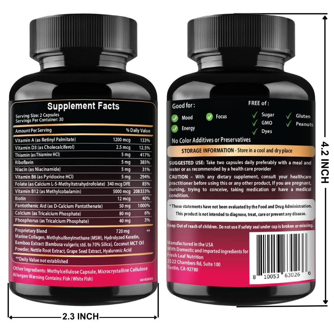 B12 with Hyaluronic Acid, Collagen and Folate – 25000 mcg B12 Complex | Maximize Absorption & Energy | Gluten Free USA Made, B1, B2, B3, B6, B7, B12 vitamins 5000 mcg - Maple Wellness Supplements