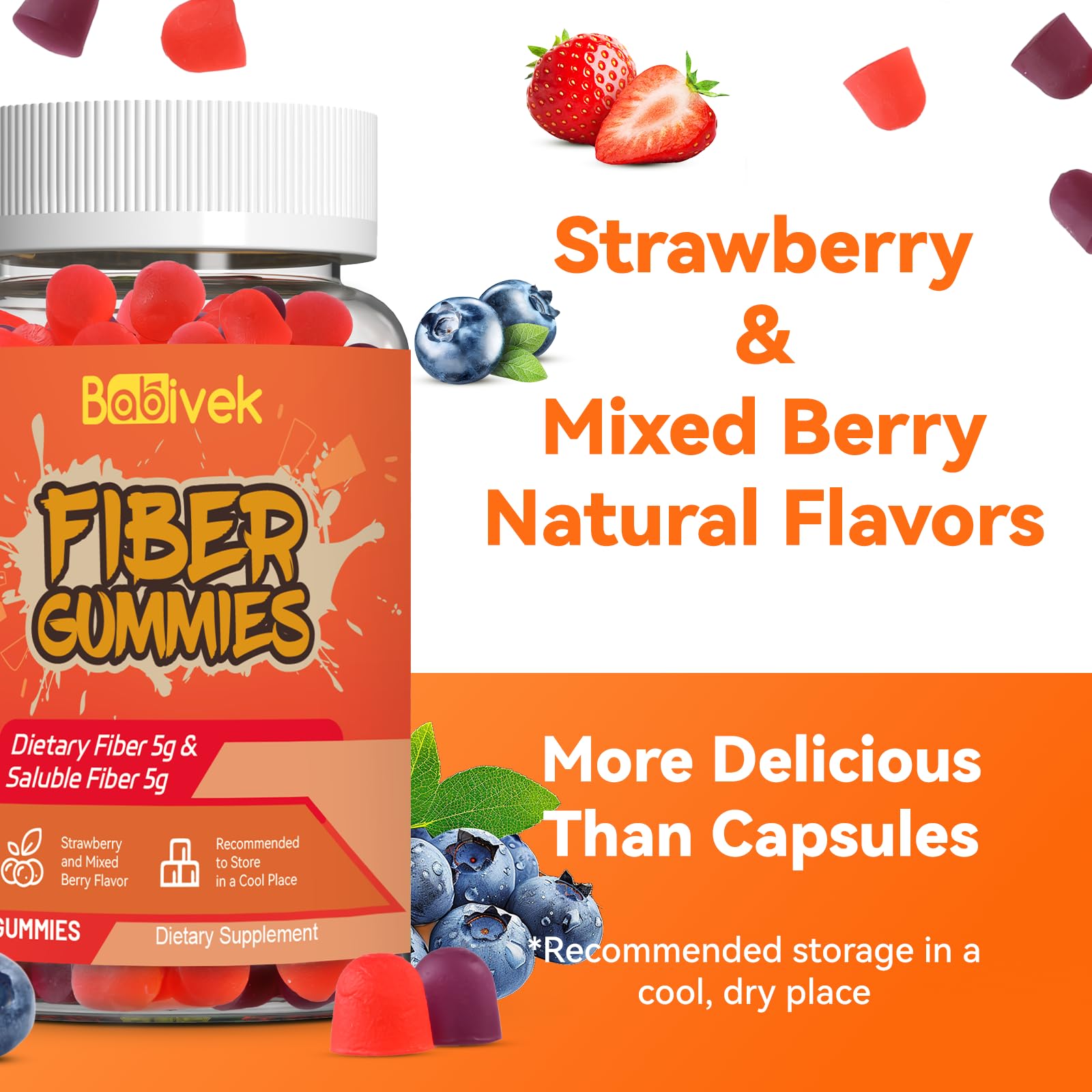 Babivek Fiber Gummies for Women and Men – Dietary Fiber, Gut Health Support, Vegan, Non-GMO, Non-Gluten, Mixed Berry & Strawberry Flavors, 60 Count(Pack of 2) - Maple Wellness Supplements