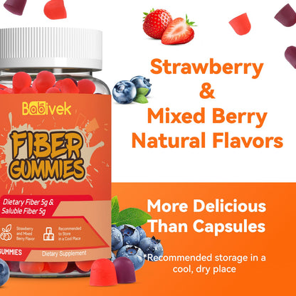 Babivek Fiber Gummies for Women and Men – Dietary Fiber, Gut Health Support, Vegan, Non-GMO, Non-Gluten, Mixed Berry & Strawberry Flavors, 60 Count(Pack of 2) - Maple Wellness Supplements