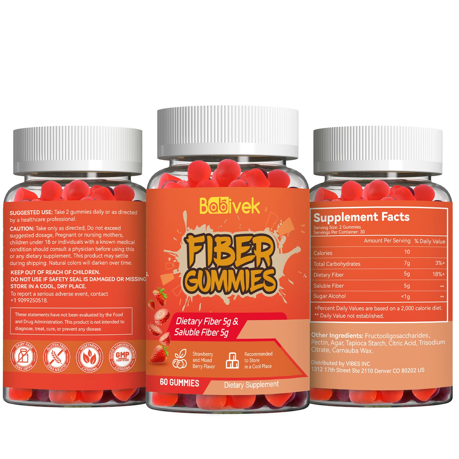 Babivek Fiber Gummies for Women and Men – Dietary Fiber, Gut Health Support, Vegan, Non-GMO, Non-Gluten, Mixed Berry & Strawberry Flavors, 60 Count(Pack of 2) - Maple Wellness Supplements