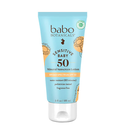 Babo Botanicals Sensitive Baby Mineral Sunscreen Lotion SPF50 - Natural Zinc Oxide - Face & Body - Fragrance-Free - Water-Resistant - Maple Wellness Supplements