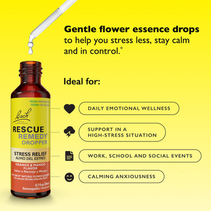 Bach RESCUE Remedy, Orange Mango Flavor, Stress Relief, Homeopathic, Flower Essences, 20mL - Maple Wellness Supplements