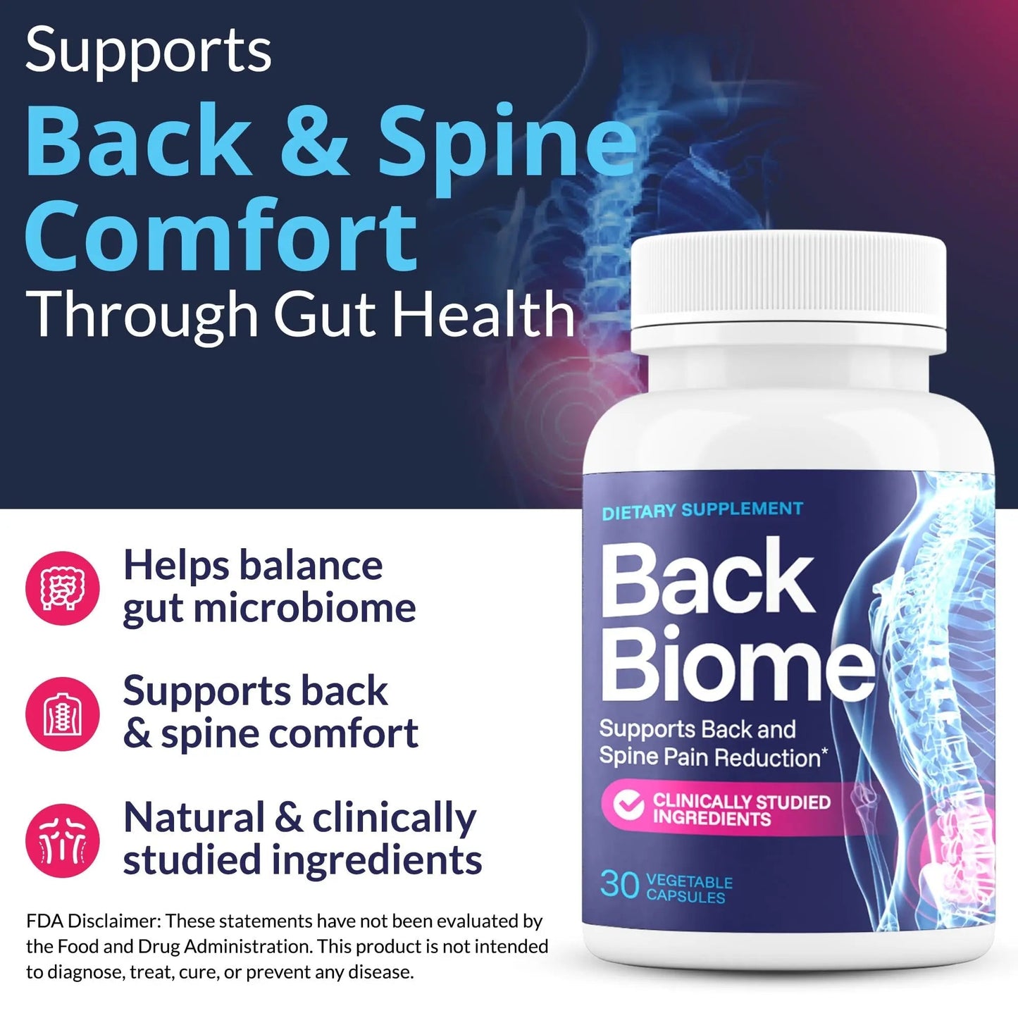 BackBiome – Advanced 7-Strain Probiotic Formula for Gut & Back Health – Supports Digestive Balance, Promotes Spinal Comfort – Non-GMO, Vegan, 30 Capsules - Maple Wellness Supplements