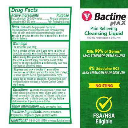 Bactine Max Pain Relieving Antiseptic Spray with Lidocaine, First Aid Pain + Itch Relief, No-Sting, Kills 99% of Germs*, 5oz - Maple Wellness Supplements