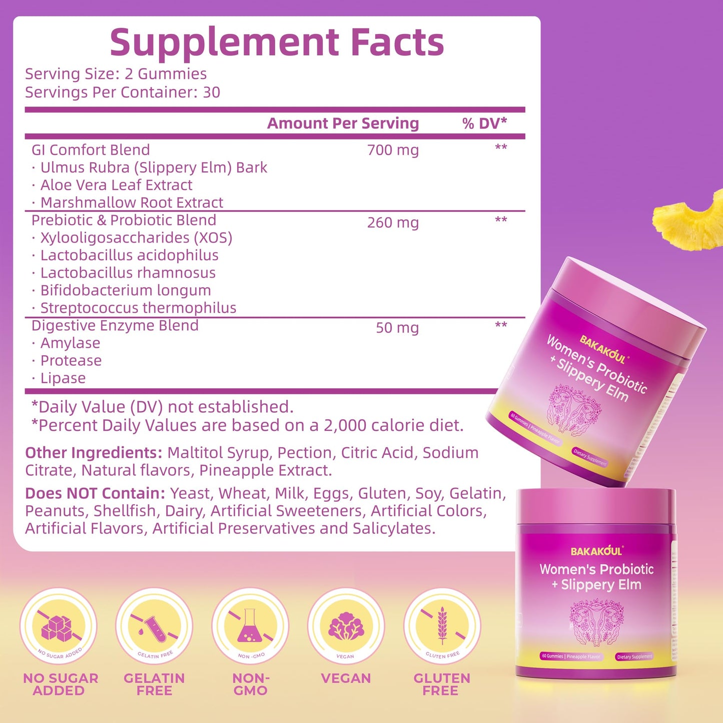 BAKAKOUL Feminine Probiotics Gummies for Women, Vaginal Probiotics with Slippery Elm,Prebiotics & Probiotics Supports pH Balance,Immune Health, Vegan - Maple Wellness Supplements