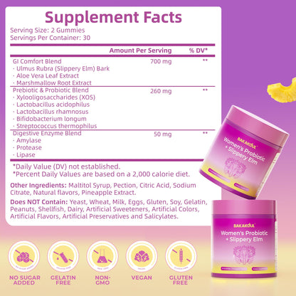 BAKAKOUL Feminine Probiotics Gummies for Women, Vaginal Probiotics with Slippery Elm,Prebiotics & Probiotics Supports pH Balance,Immune Health, Vegan - Maple Wellness Supplements