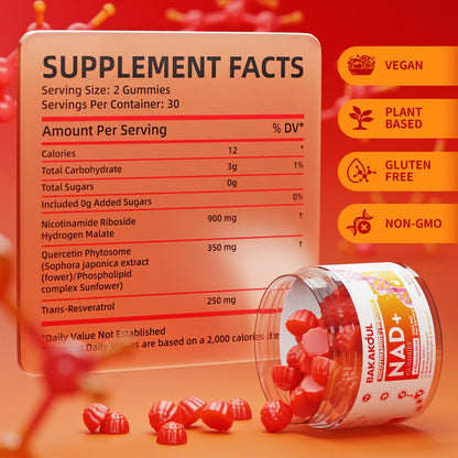BAKAKOUL NAD Gummies, NAD Supplement - Liposomal Nicotinamide Riboside, Resveratrol, Quercetin, NAD Nicotinamide Riboside Resveratrol 900mg, NAD+ Supplement for Men and Women, 60 Gummies 1 Pack - Maple Wellness Supplements