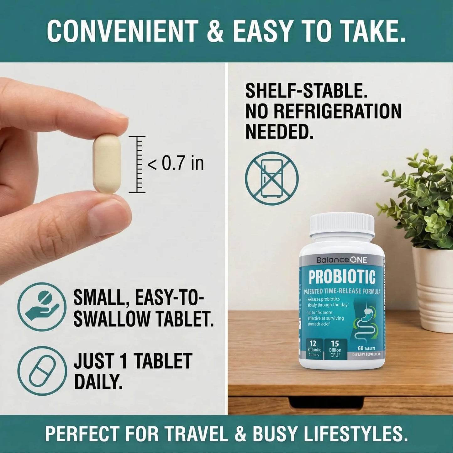 Balance ONE Time Release Probiotic – 15 Billion CFU – 12 Strains Including L. Plantarum – 15x More Survival Than Capsules – Bloating & Gas Relief – Gut & Digestive Health for Women & Men – 60 Tablets - Maple Wellness Supplements