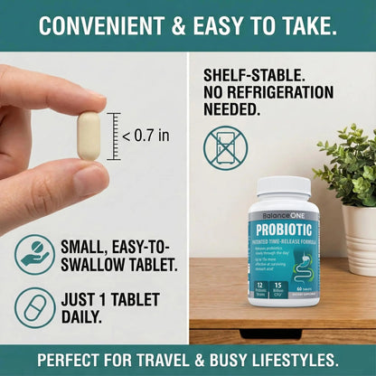 Balance ONE Time Release Probiotic – 15 Billion CFU – 12 Strains Including L. Plantarum – 15x More Survival Than Capsules – Bloating & Gas Relief – Gut & Digestive Health for Women & Men – 60 Tablets - Maple Wellness Supplements