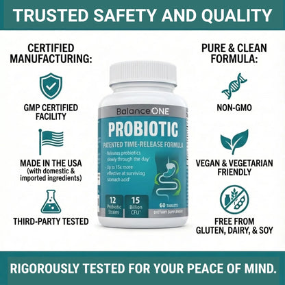 Balance ONE Time Release Probiotic – 15 Billion CFU – 12 Strains Including L. Plantarum – 15x More Survival Than Capsules – Bloating & Gas Relief – Gut & Digestive Health for Women & Men – 60 Tablets - Maple Wellness Supplements