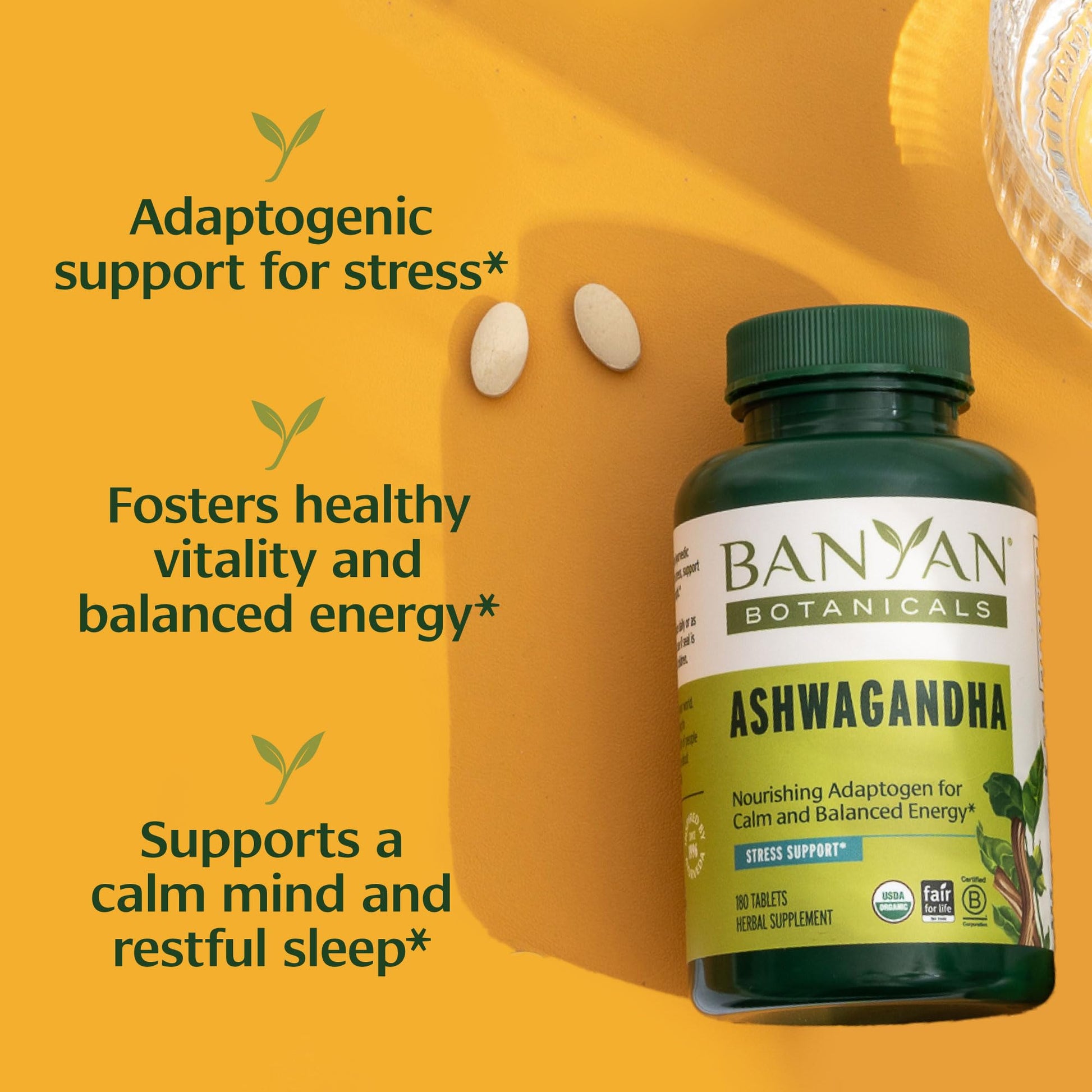 Banyan Botanicals Organic Ashwagandha - 1000mg per Serving - Cortisol Manager & Stress Relief Supplement - Adrenal Support for Mood, Restful Sleep & Muscle Recovery - 180 Tablets - Non-GMO, Vegan* - Maple Wellness Supplements