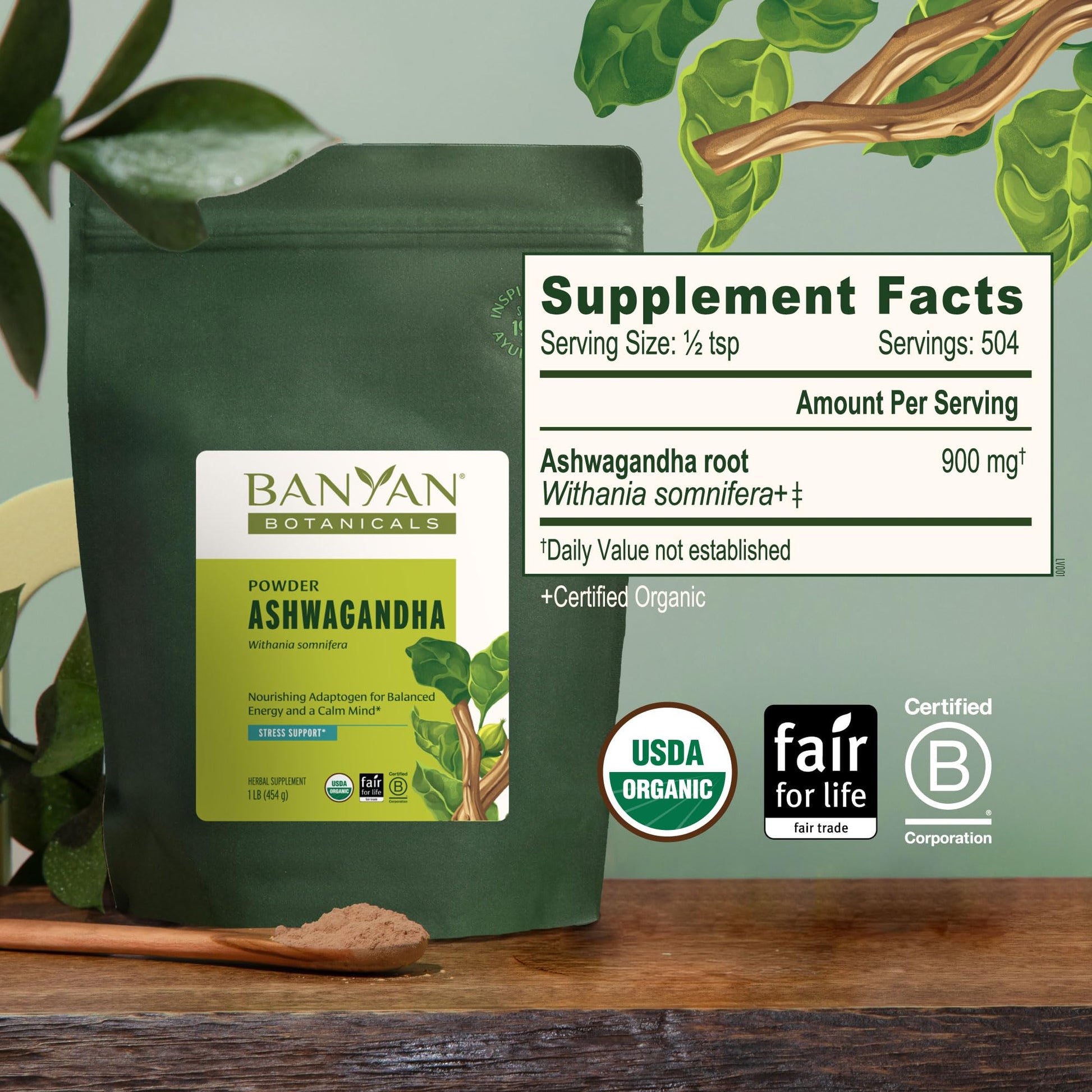 Banyan Botanicals Organic Ashwagandha Root Powder–1lb Bulk (504 Servings)Natural Cortisol Manager & Adrenal Support–Stress Relief, Better Sleep & Energy–Adaptogen for Smoothies & Moon Milk–Vegan,FFL* - Maple Wellness Supplements