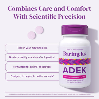 Barimelts ADEK - 60 Fast-Dissolving Tablets (2-Month Supply) - Sugar-Free Bariatric Vitamins for Women Including Vitamin A, Vitamin D, Vitamin E & Vitamin K, Natural Strawberry Flavor - Maple Wellness Supplements