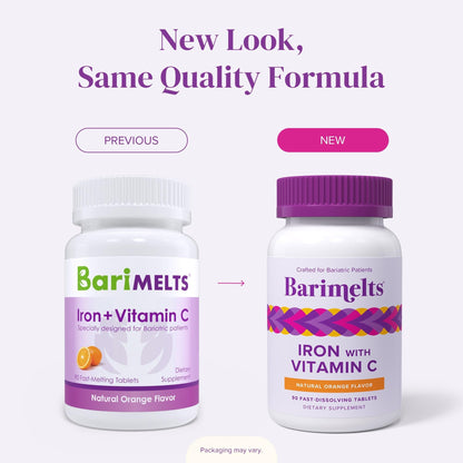 Barimelts Iron with Vitamin C, 90 Fast-Dissolving Tablets (1-Month Supply), Sugar-Free Bariatric Iron Supplement for Women, Natural Orange Flavor - Maple Wellness Supplements