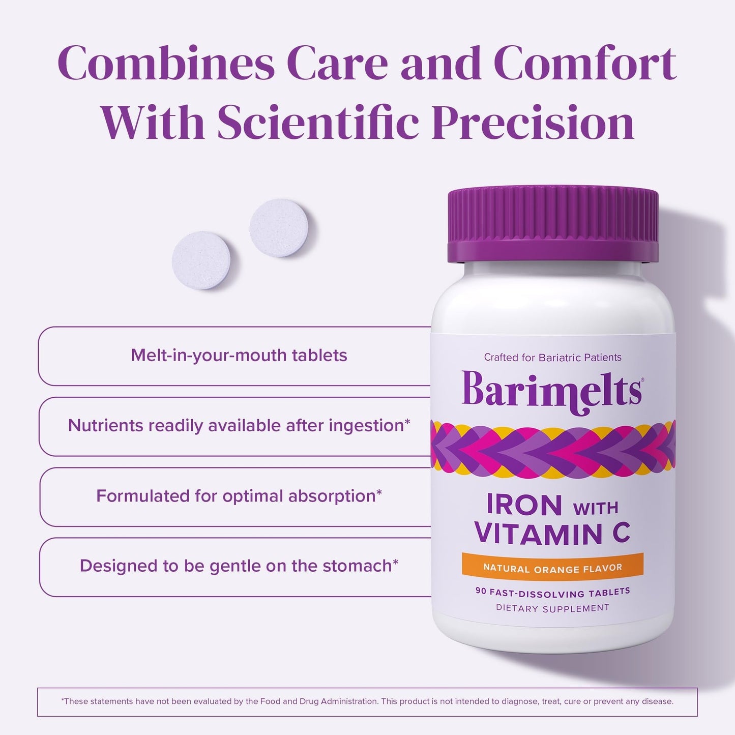 Barimelts Iron with Vitamin C, 90 Fast-Dissolving Tablets (1-Month Supply), Sugar-Free Bariatric Iron Supplement for Women, Natural Orange Flavor - Maple Wellness Supplements