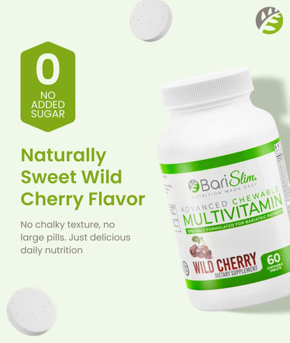 BariSlim Advanced Chewable Bariatric Multivitamin Tablets - Bariatric Vitamin and Supplement for Post Bariatric Surgery Including Gastric Bypass and Gastric Sleeve | Wild Cherry (60 Count) - Maple Wellness Supplements