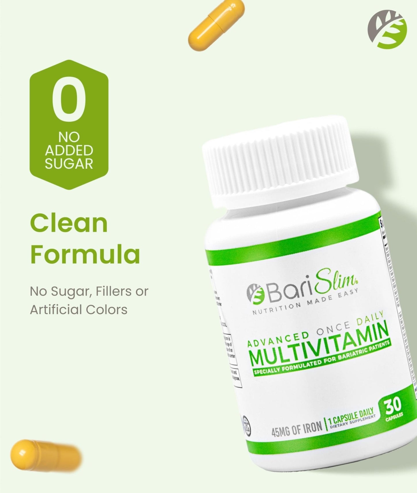 BariSlim Advanced Once Daily Bariatric Multivitamin Capsule - 45 mg of Iron - Bariatric Vitamin for Post Bariatric Surgery Including Gastric Bypass and Gastric Sleeve | 30 Day Supply - Maple Wellness Supplements