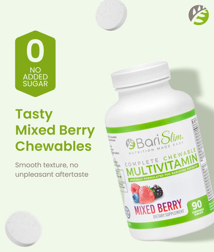 BariSlim Complete Chewable Bariatric Multivitamin Tablets - 45 mg Iron - Bariatric Vitamin & Supplement for Post Bariatric Surgery Including Gastric Bypass & Gastric Sleeve | Mixed Berry | 90 Tablets - Maple Wellness Supplements