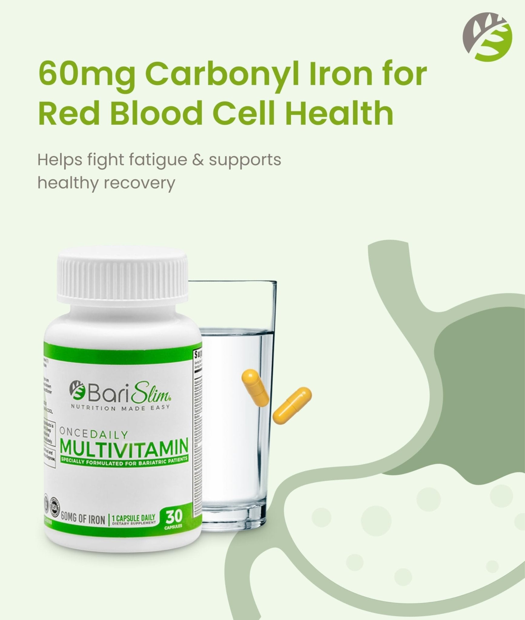BariSlim Once Daily Bariatric Multivitamin Capsule - 60mg of Iron - Bariatric Vitamin & Supplement for Post Surgery Including Gastric Bypass & Gastric Sleeve | 30 Day Supply - Maple Wellness Supplements