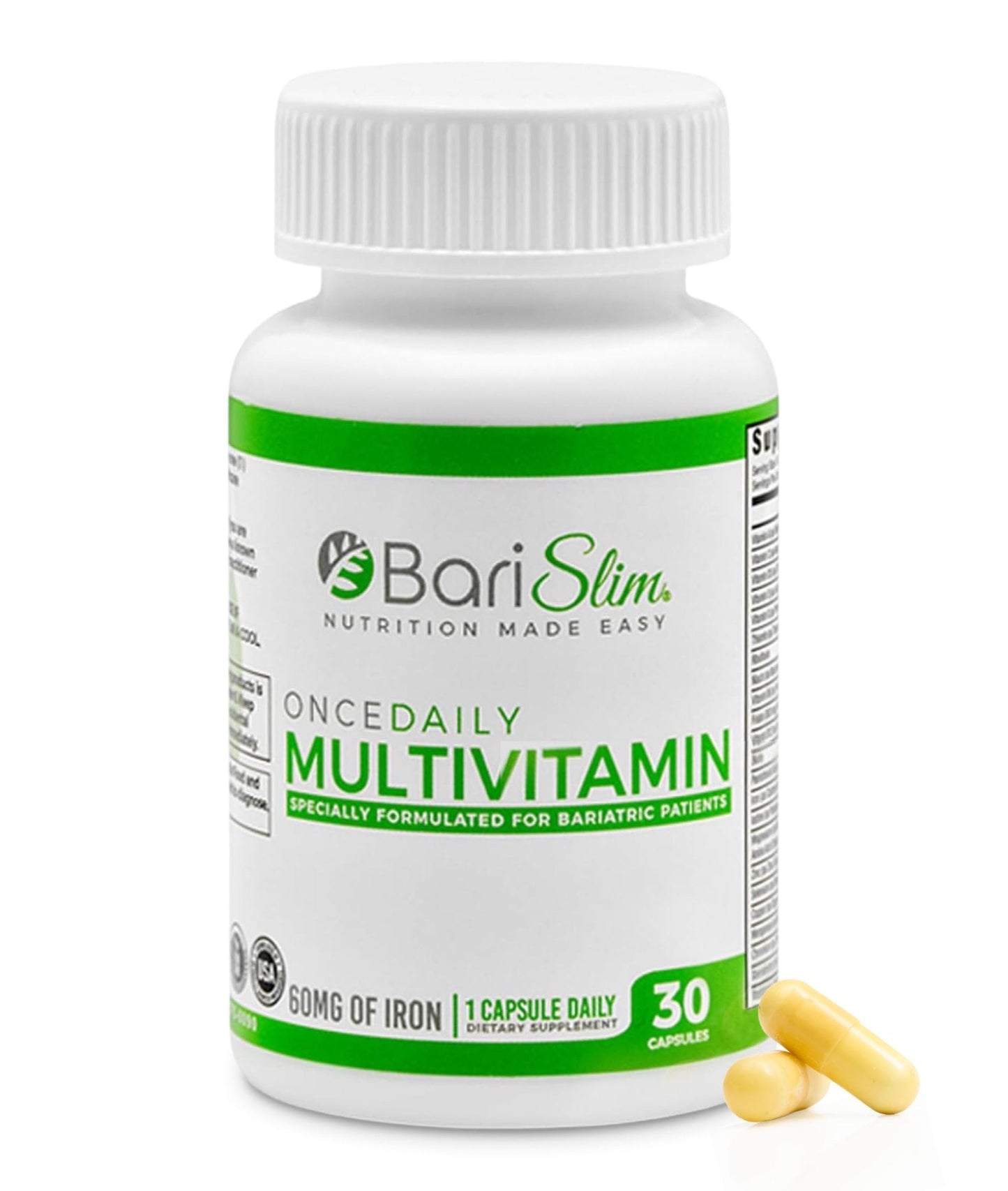 BariSlim Once Daily Bariatric Multivitamin Capsule - 60mg of Iron - Bariatric Vitamin & Supplement for Post Surgery Including Gastric Bypass & Gastric Sleeve | 30 Day Supply - Maple Wellness Supplements