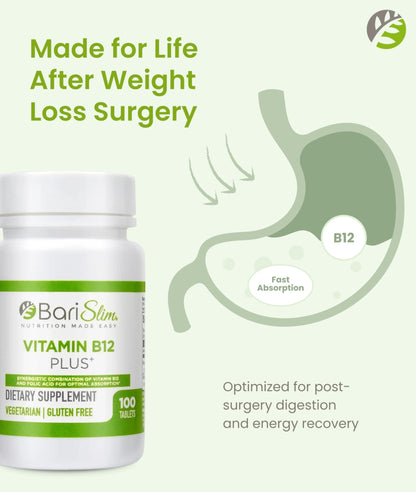 BariSlim Vitamin B12 Plus Tablets - Bariatric Formulated for Post Weight Loss Surgery, Including Gastric Bypass & Gastric Sleeve - Supports Energy Levels & Overall Health | Cherry Flavor - Maple Wellness Supplements